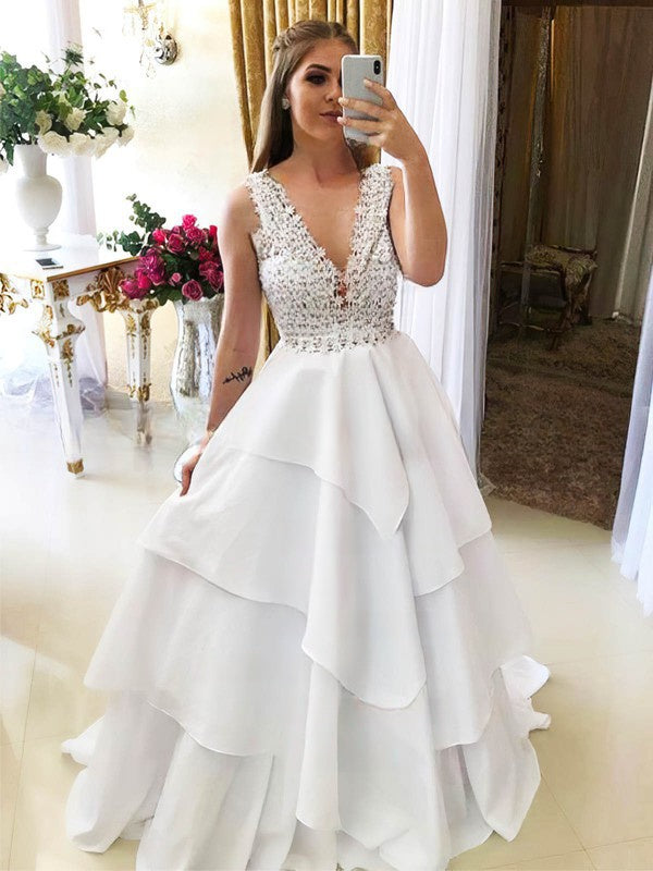 V-neck Silk-like Satin Sweep Train Wedding Dress with Tiered Ball Gown