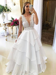 V-neck Silk-like Satin Sweep Train Wedding Dress with Tiered Ball Gown