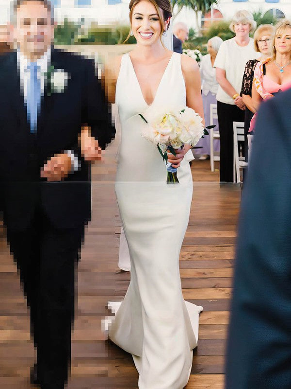 V-neck Stretch Crepe Trumpet/Mermaid Wedding Dress with Cascading Ruffles and Sweep Train