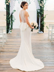 V-neck Stretch Crepe Trumpet/Mermaid Wedding Dress with Cascading Ruffles and Sweep Train