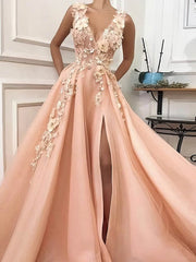 V-neck Tulle Appliques Lace Prom Dresses - Ball Gown/Princess Sweep Train