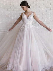 V-neck Tulle Ball Gown Wedding Dress With Appliques Lace and Sweep Train