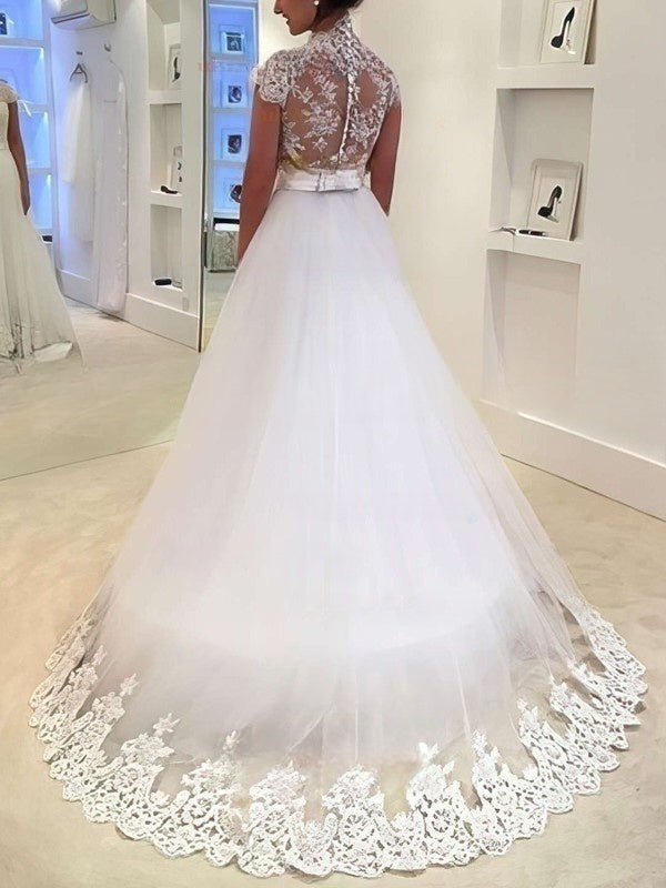 V-neck Tulle Ball Gown Wedding Dress with Sash and Ribbon