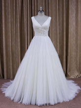 V-neck Tulle Court Train Wedding Dress with Flower(s) - Ball Gown Style