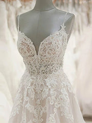 V-neck Tulle Sweep Train Ball Gown Wedding Dresses With Beading