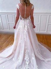V-neck Tulle Sweep Train Wedding Dress with Appliques Lace for Ball Gown