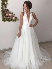 V-neck Tulle Wedding Dress with Beading and Sweep Train
