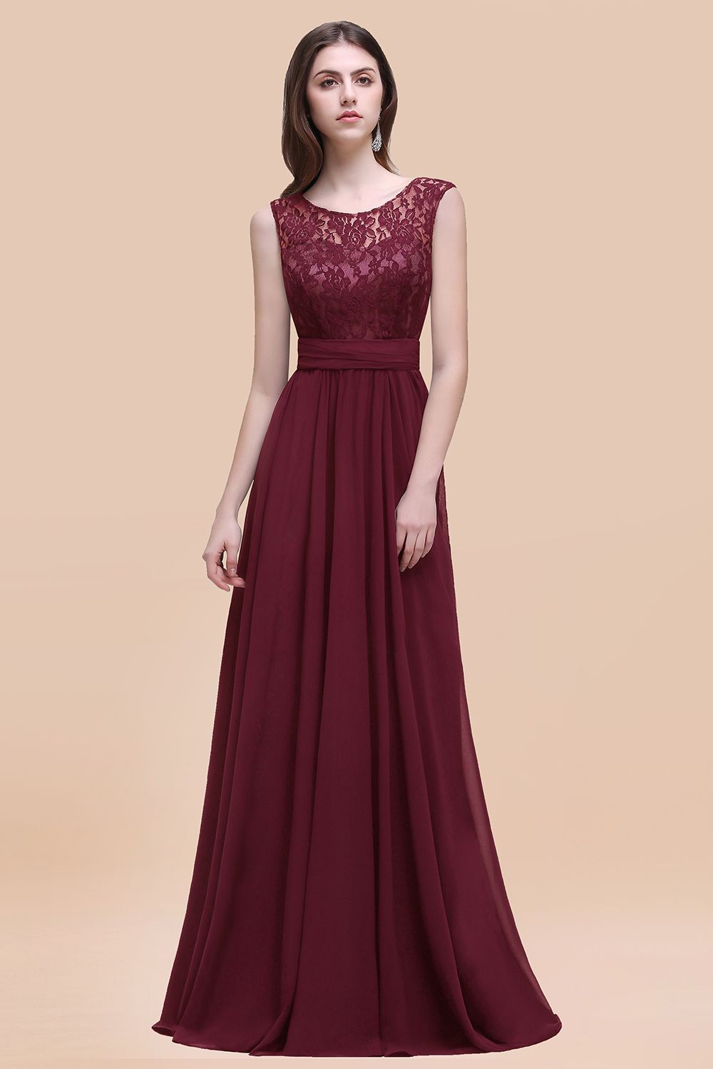 Vintage Lace Scoop Sleeveless Dark Blue Bridesmaid Dress with V-Back-Babyonlines