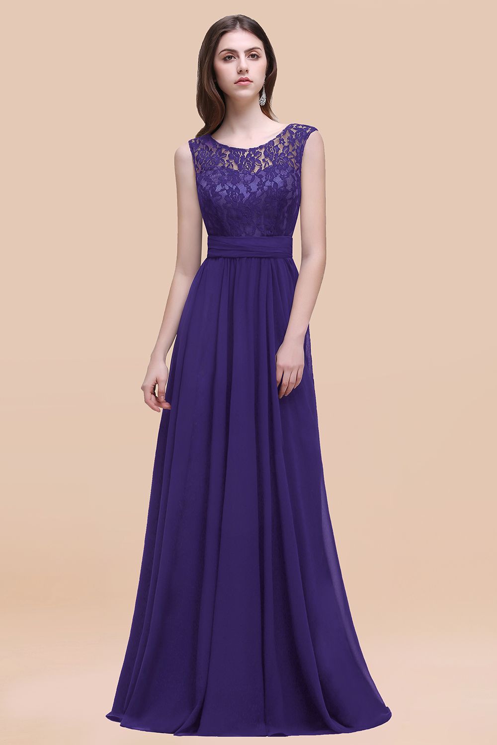 Vintage Lace Scoop Sleeveless Dark Blue Bridesmaid Dress with V-Back-Babyonlines