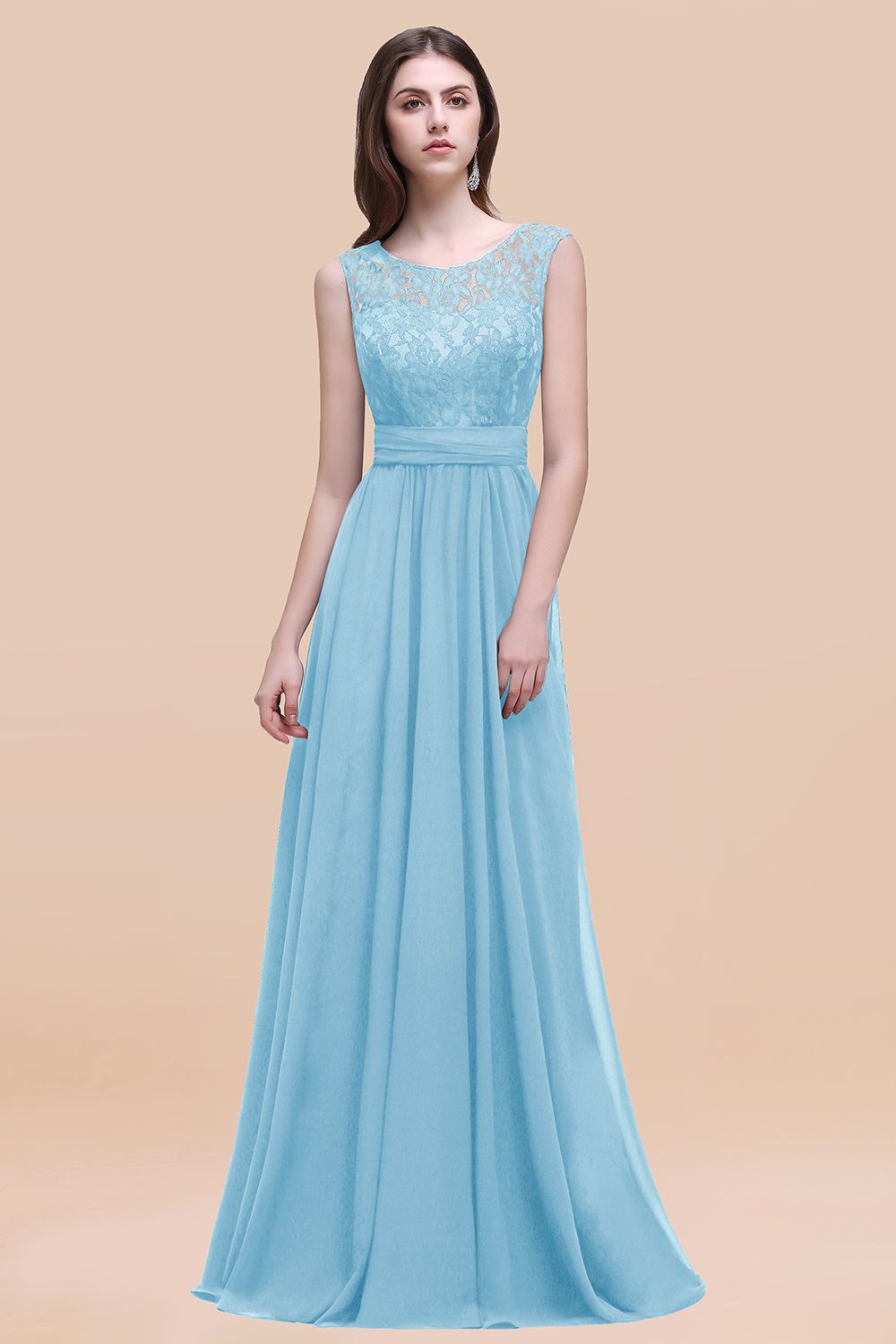 Vintage Lace Scoop Sleeveless Dark Blue Bridesmaid Dress with V-Back-Babyonlines