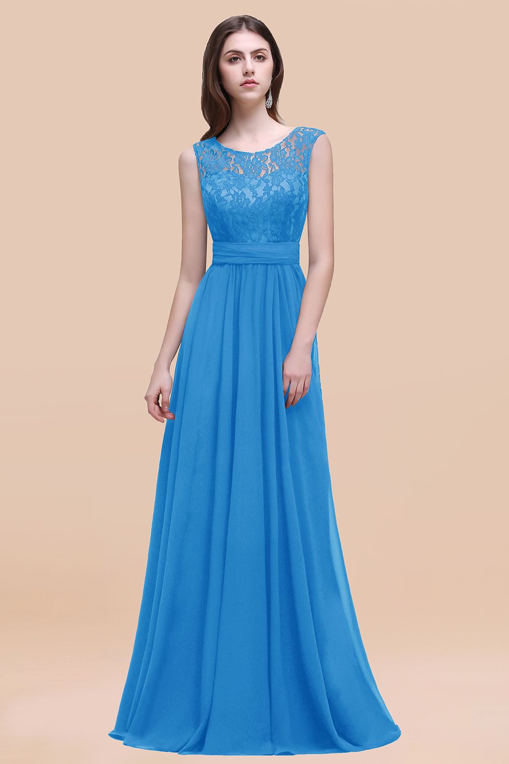 Vintage Lace Scoop Sleeveless Dark Blue Bridesmaid Dress with V-Back-Babyonlines