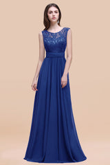 Vintage Lace Scoop Sleeveless Dark Blue Bridesmaid Dress with V-Back-Babyonlines