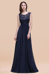 Vintage Lace Scoop Sleeveless Dark Blue Bridesmaid Dress with V-Back-Babyonlines