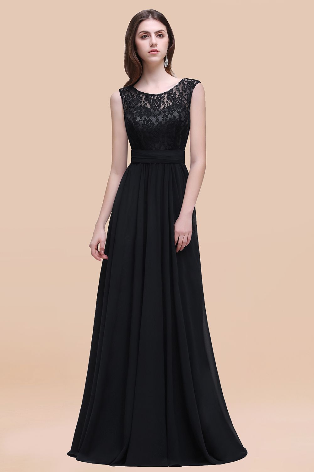 Vintage Lace Scoop Sleeveless Dark Blue Bridesmaid Dress with V-Back-Babyonlines