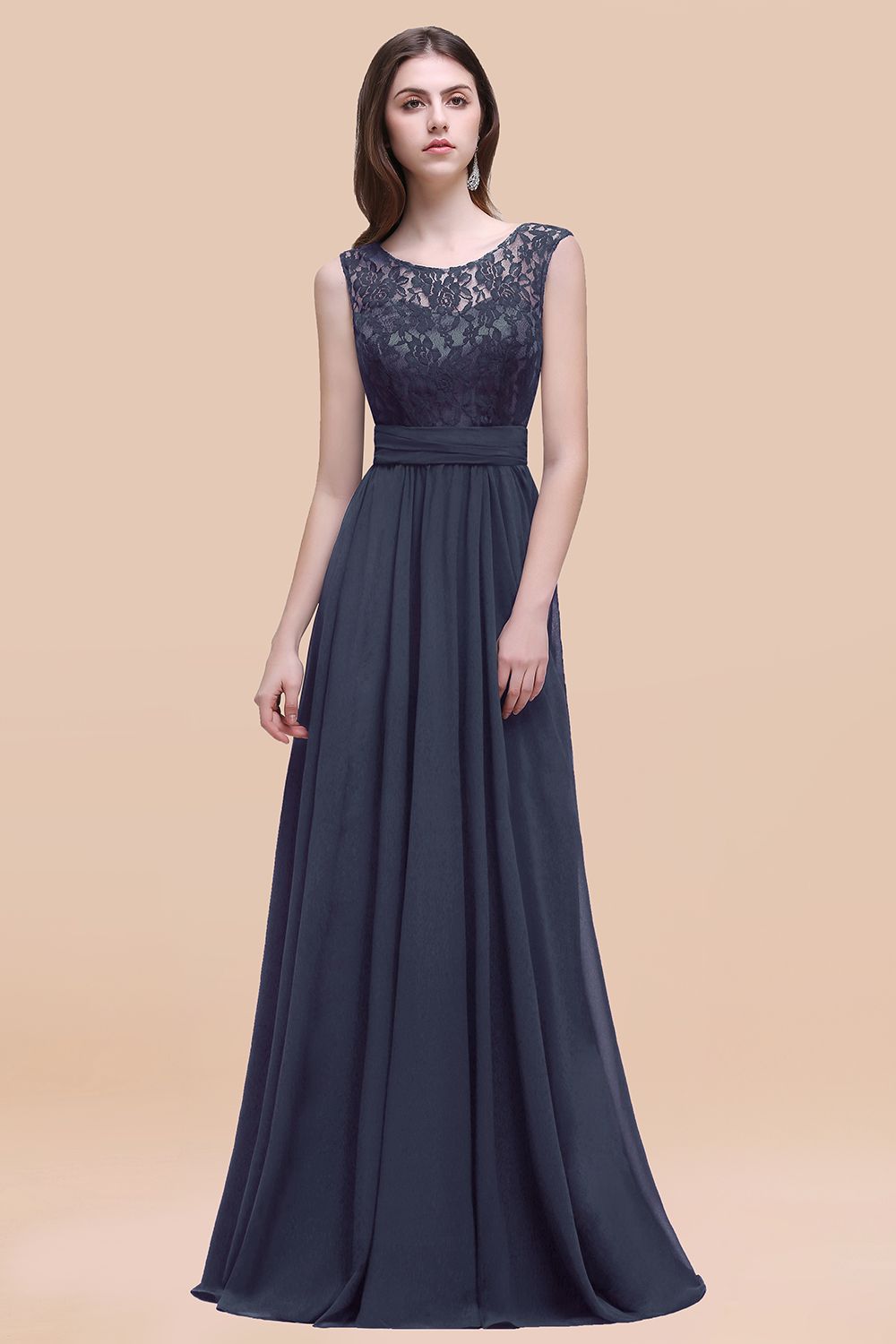 Vintage Lace Scoop Sleeveless Dark Blue Bridesmaid Dress with V-Back-Babyonlines