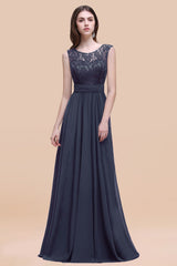 Vintage Lace Scoop Sleeveless Dark Blue Bridesmaid Dress with V-Back-Babyonlines