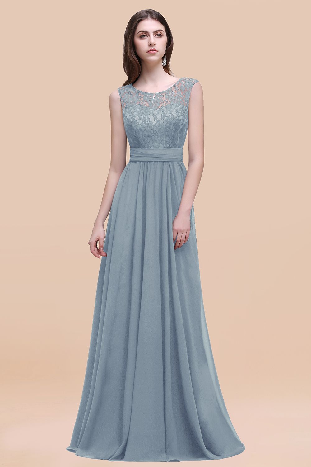 Vintage Lace Scoop Sleeveless Dark Blue Bridesmaid Dress with V-Back-Babyonlines