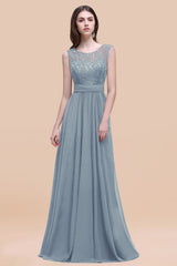 Vintage Lace Scoop Sleeveless Dark Blue Bridesmaid Dress with V-Back-Babyonlines