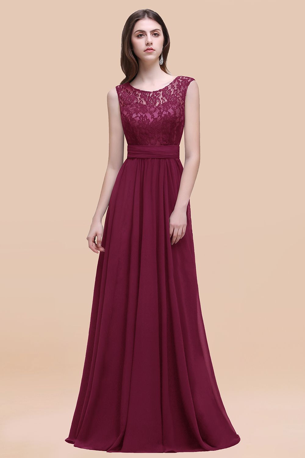 Vintage Lace Scoop Sleeveless Dark Blue Bridesmaid Dress with V-Back-Babyonlines