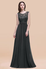 Vintage Lace Scoop Sleeveless Dark Blue Bridesmaid Dress with V-Back-Babyonlines