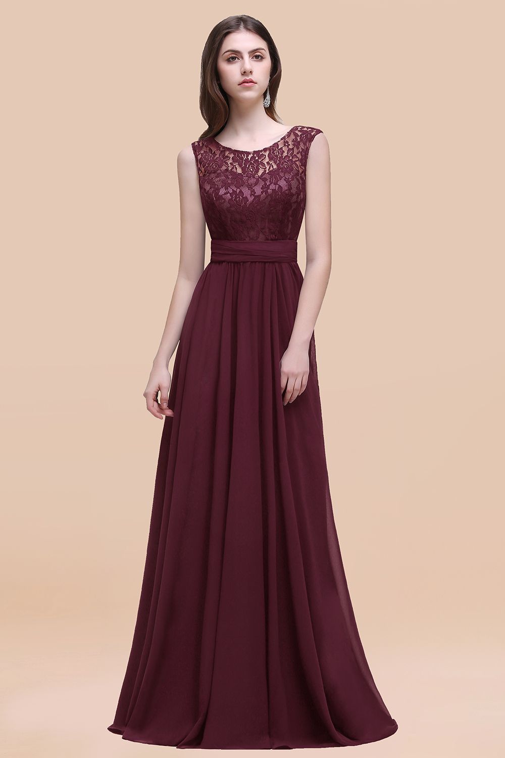 Vintage Lace Scoop Sleeveless Dark Blue Bridesmaid Dress with V-Back-Babyonlines