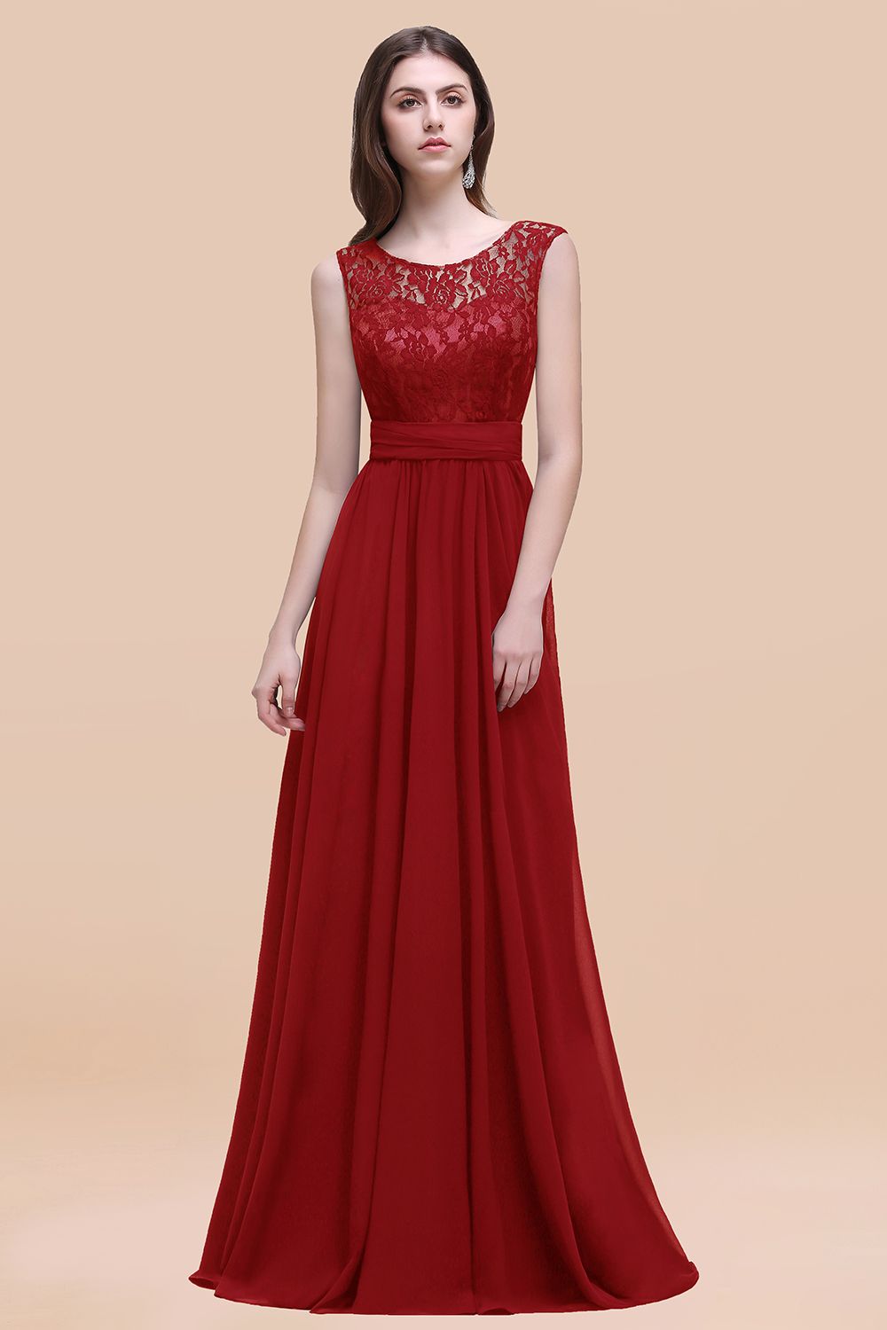 Vintage Lace Scoop Sleeveless Dark Blue Bridesmaid Dress with V-Back-Babyonlines