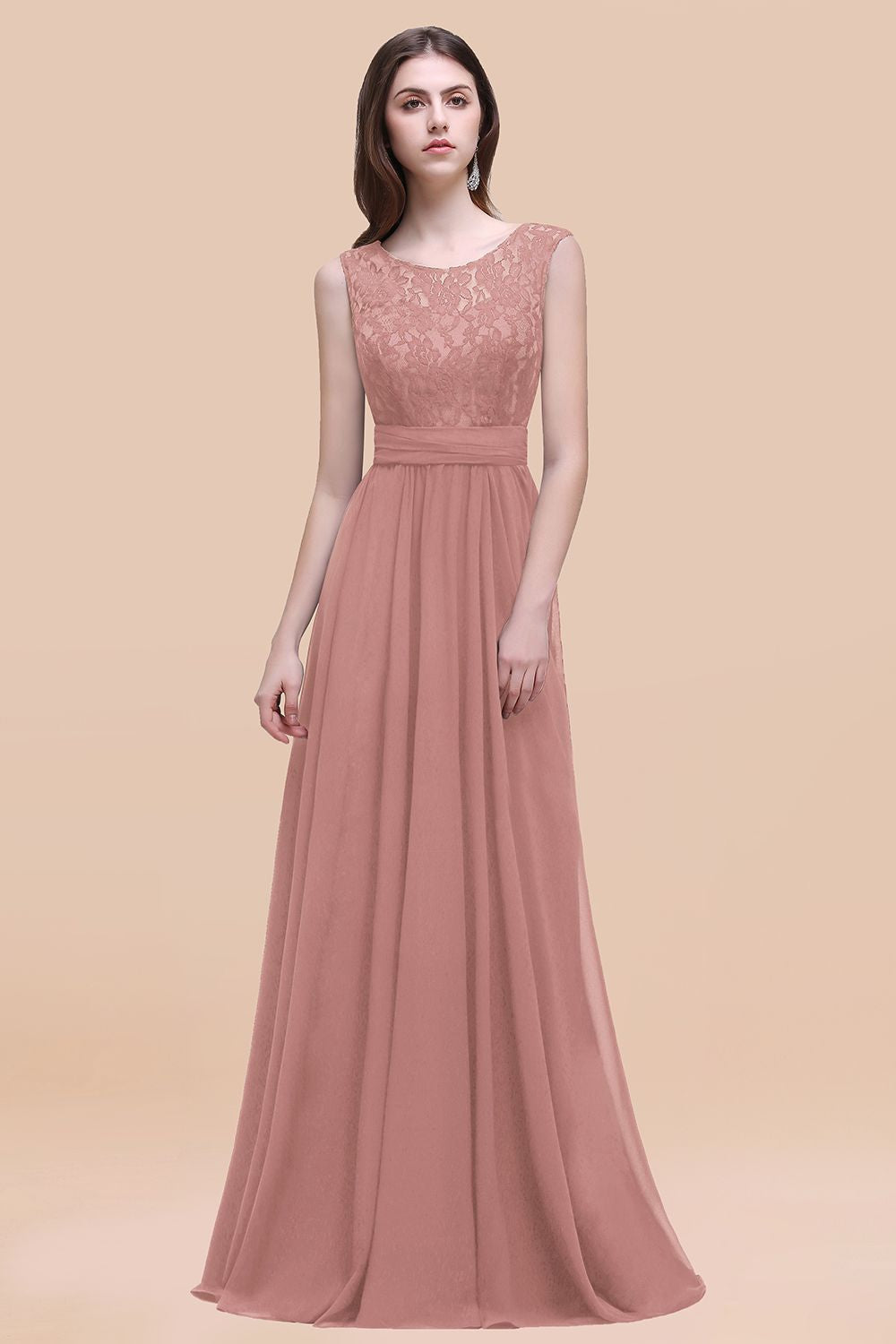 Vintage Lace Scoop Sleeveless Dark Blue Bridesmaid Dress with V-Back-Babyonlines