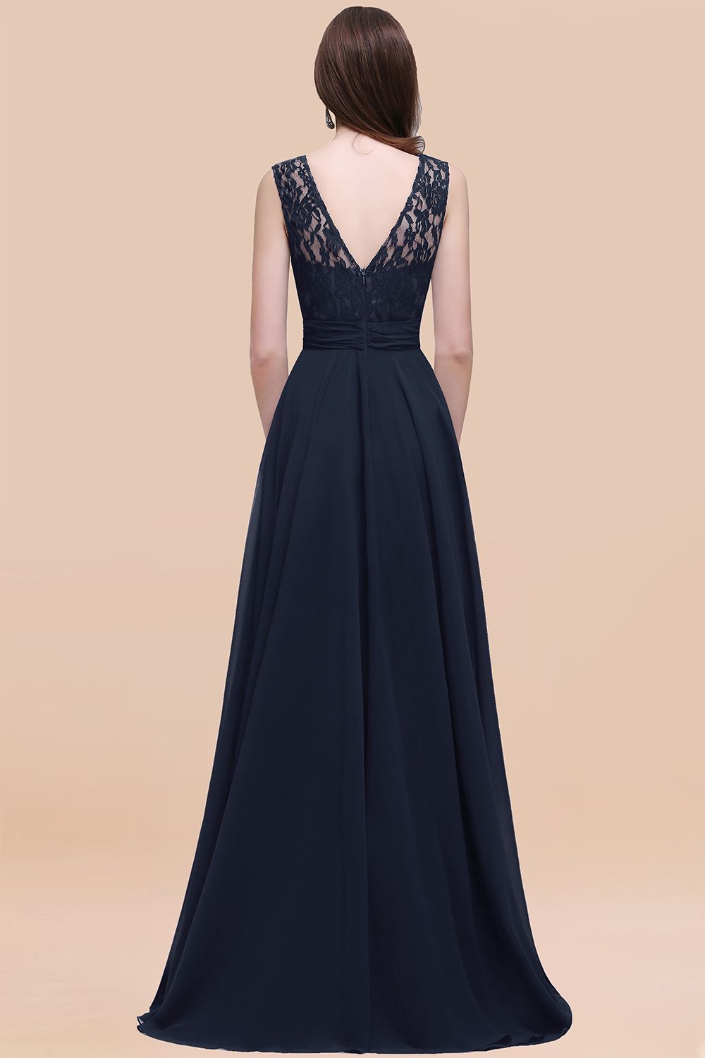 Vintage Lace Scoop Sleeveless Dark Blue Bridesmaid Dress with V-Back-Babyonlines