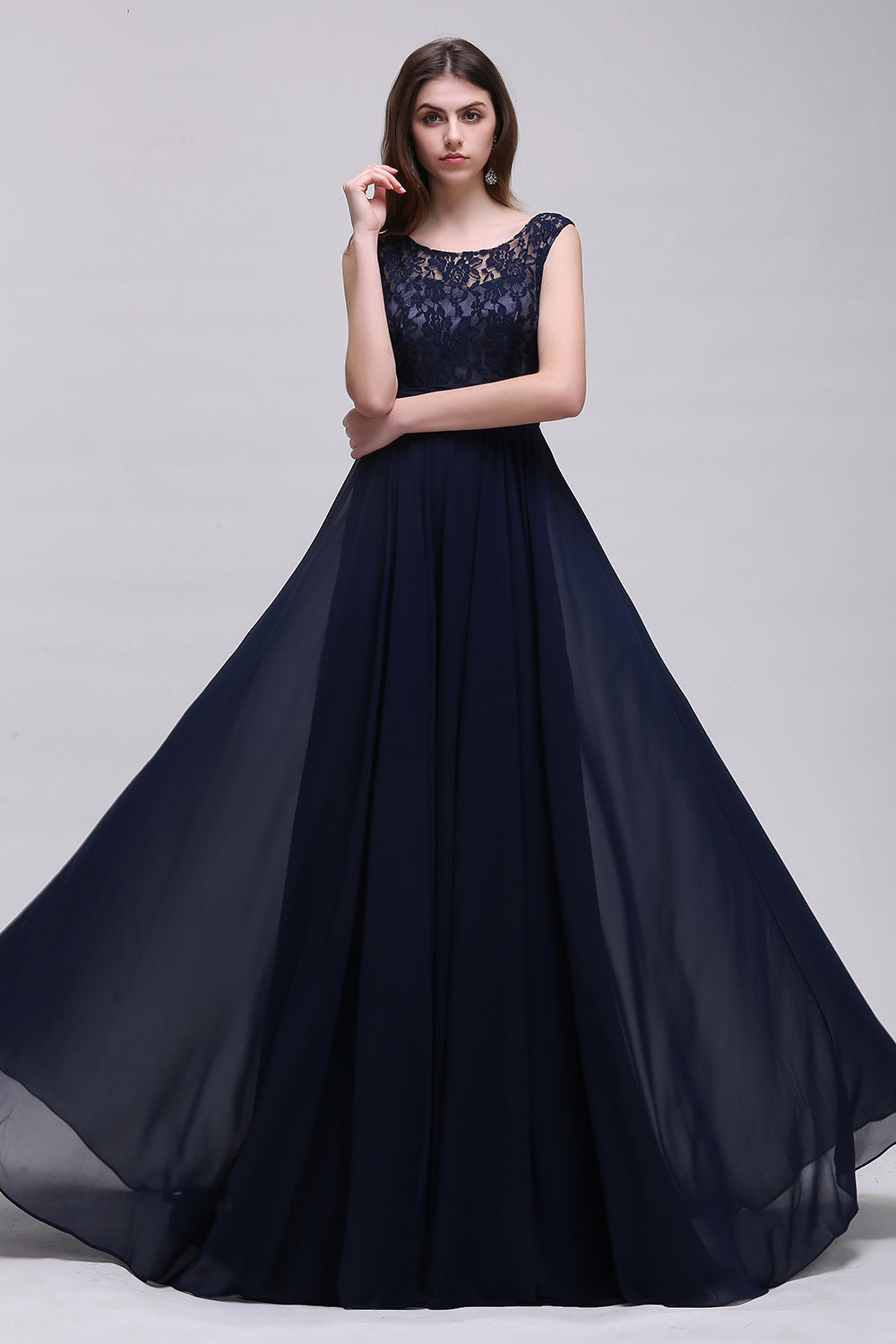 Vintage Lace Scoop Sleeveless Dark Blue Bridesmaid Dress with V-Back-Babyonlines