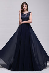 Vintage Lace Scoop Sleeveless Dark Blue Bridesmaid Dress with V-Back-Babyonlines