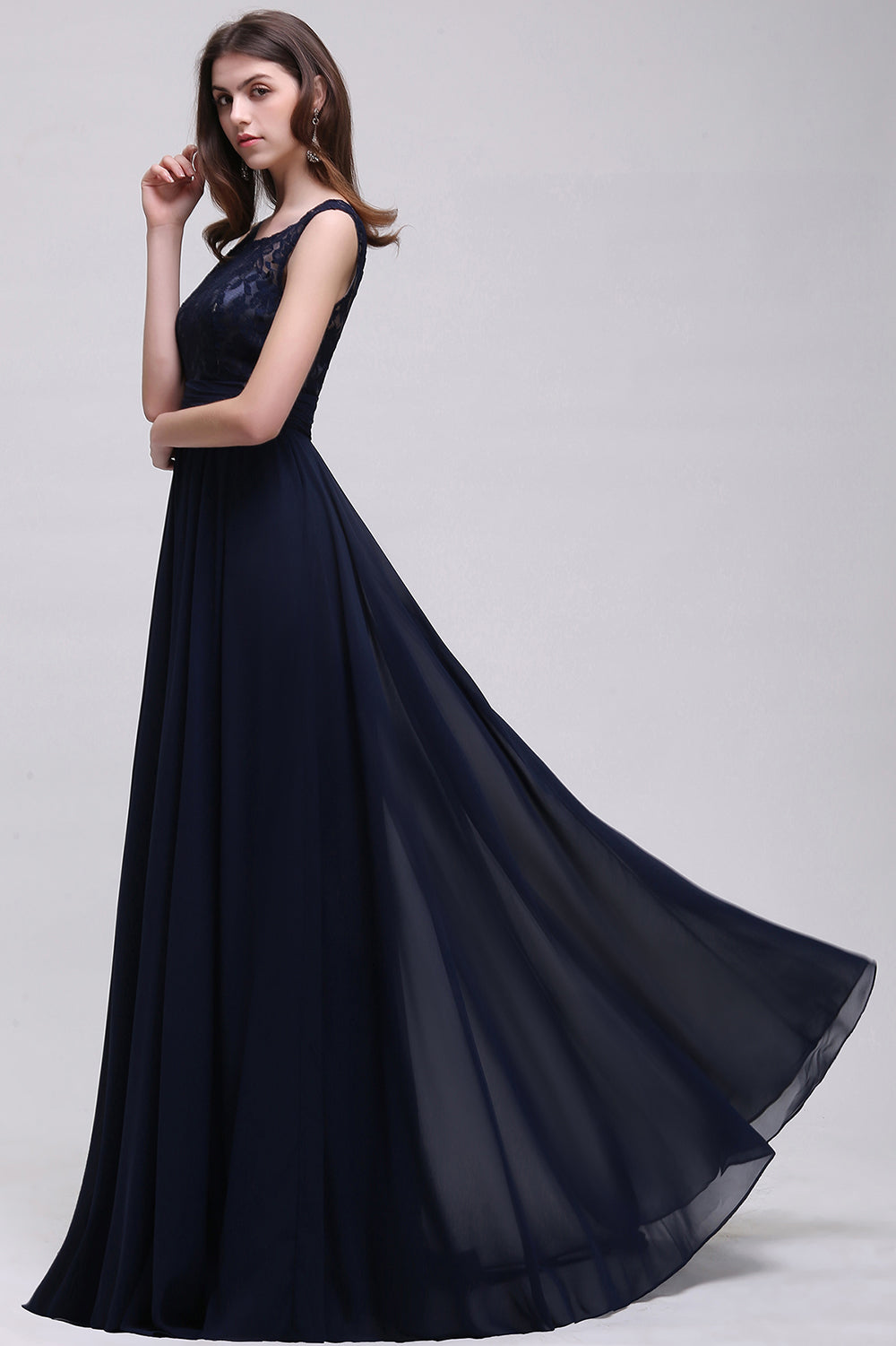 Vintage Lace Scoop Sleeveless Dark Blue Bridesmaid Dress with V-Back-Babyonlines
