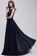 Vintage Lace Scoop Sleeveless Dark Blue Bridesmaid Dress with V-Back-Babyonlines