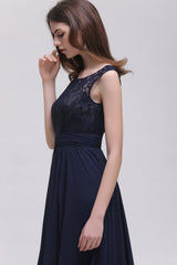 Vintage Lace Scoop Sleeveless Dark Blue Bridesmaid Dress with V-Back-Babyonlines