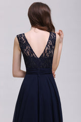 Vintage Lace Scoop Sleeveless Dark Blue Bridesmaid Dress with V-Back-Babyonlines