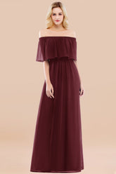 Vintage Off-the-Shoulder Long Burgundy Bridesmaid Dress with Ruffle-Babyonlines