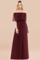 Vintage Off-the-Shoulder Long Burgundy Bridesmaid Dress with Ruffle-Babyonlines
