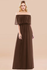 Vintage Off-the-Shoulder Long Burgundy Bridesmaid Dress with Ruffle-Babyonlines