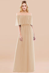 Vintage Off-the-Shoulder Long Burgundy Bridesmaid Dress with Ruffle-Babyonlines