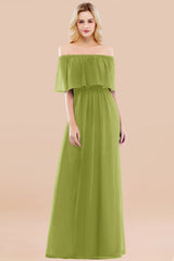 Vintage Off-the-Shoulder Long Burgundy Bridesmaid Dress with Ruffle-Babyonlines