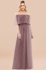 Vintage Off-the-Shoulder Long Burgundy Bridesmaid Dress with Ruffle-Babyonlines