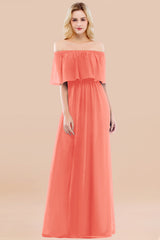 Vintage Off-the-Shoulder Long Burgundy Bridesmaid Dress with Ruffle-Babyonlines