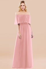 Vintage Off-the-Shoulder Long Burgundy Bridesmaid Dress with Ruffle-Babyonlines