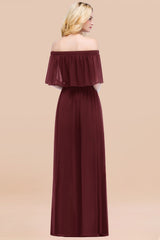 Vintage Off-the-Shoulder Long Burgundy Bridesmaid Dress with Ruffle-Babyonlines