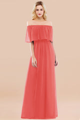 Vintage Off-the-Shoulder Long Burgundy Bridesmaid Dress with Ruffle-Babyonlines