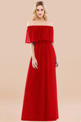 Vintage Off-the-Shoulder Long Burgundy Bridesmaid Dress with Ruffle-Babyonlines