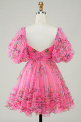 Fuchsia Puff Sleeves A-Line Floral Short Homecoming Dress with Ruffles