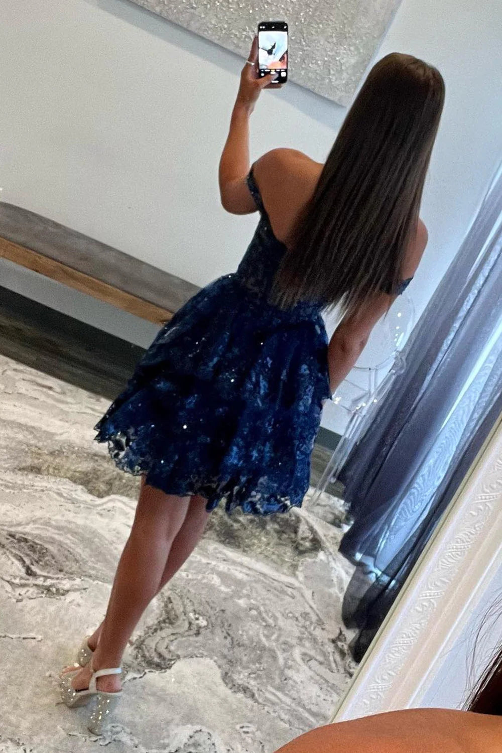 Sparkly Grey A-Line Tiered Lace Short Homecoming Prom Dress