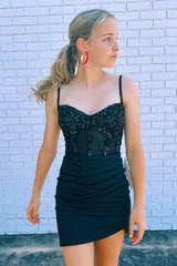 Sparkly Black Corset Satin Tight Short Homecoming Dress with Sequins