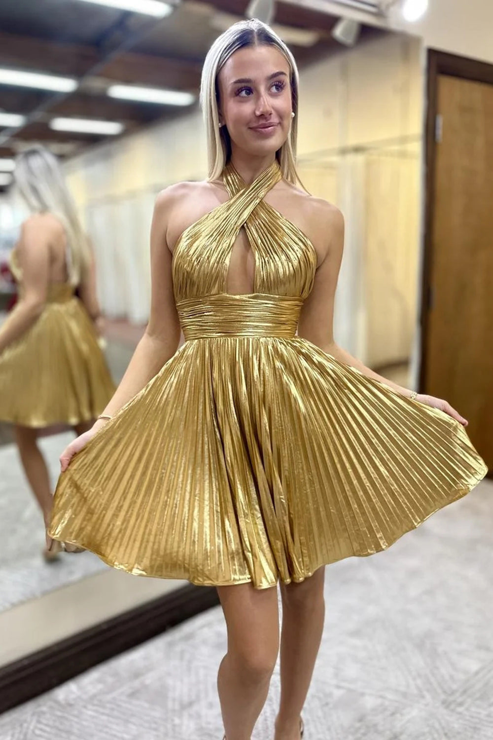 A Line Golden Criss Cross Halter Pleated Short Homecoming Dress Babyonlines A Line Golden Criss Cross Halter Pleated Short Homecoming Dress Babyonlines