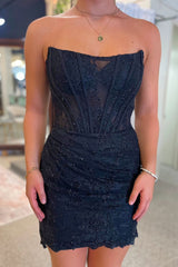 Sparkly Black Corset Strapless Tight Short Homecoming Dress